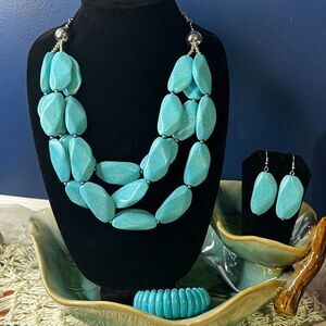 NEW Turquoise Stone Layered Necklace With Matching Earrings & Bracelet